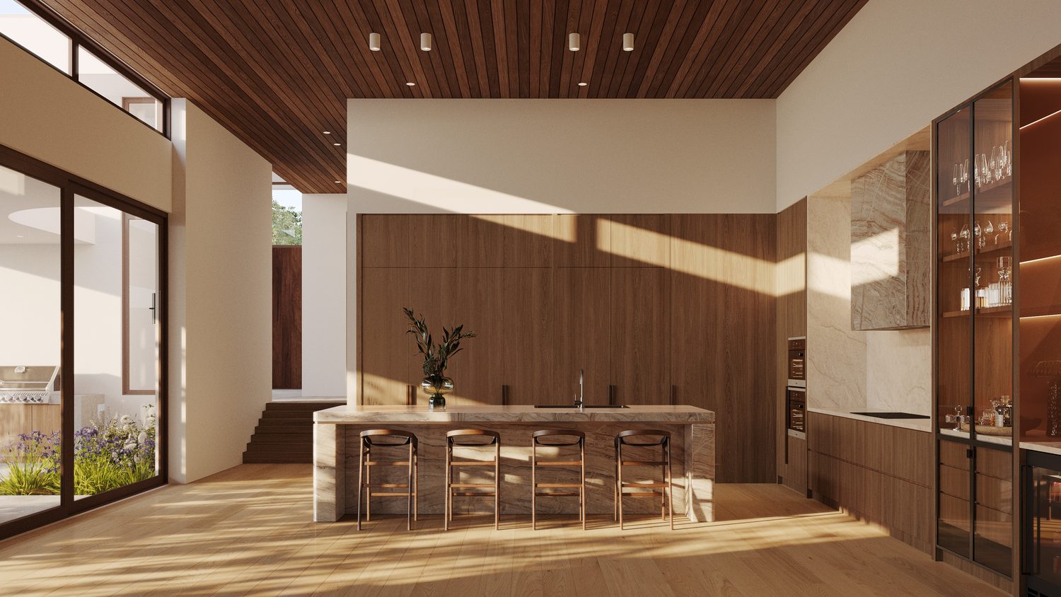 Grove House kitchen in walnut with a stone island