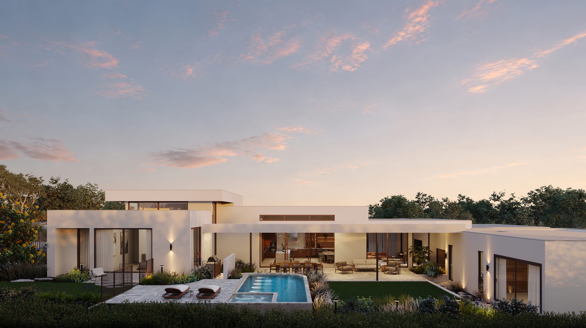 A home at 25 Glen Shian Lane at dusk, living space open to the pool and garden