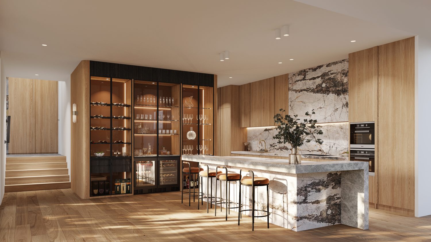 Pavilion House kitchen in oak with a pale stone island