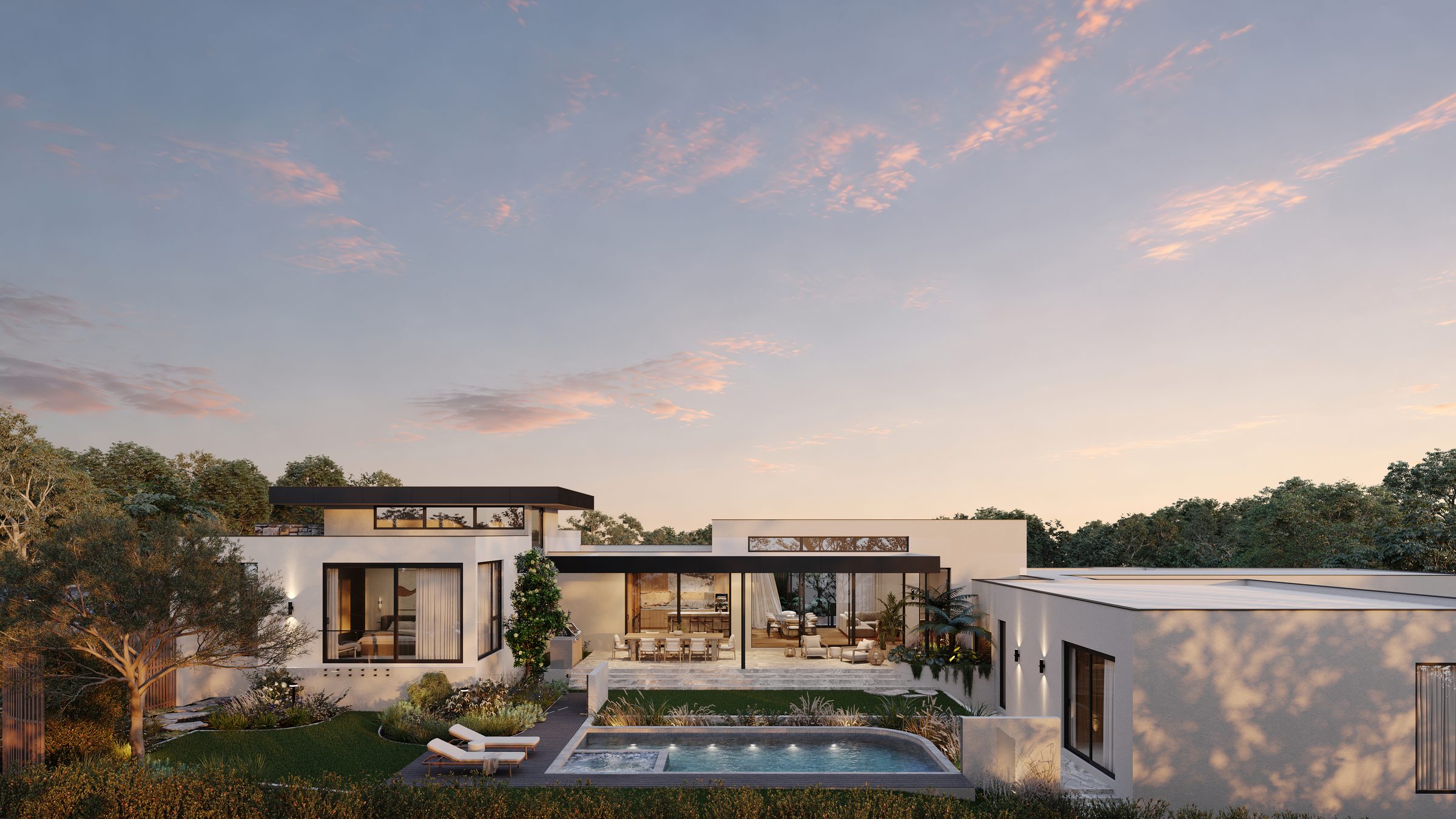 Pavilion House at dusk, pool and garden